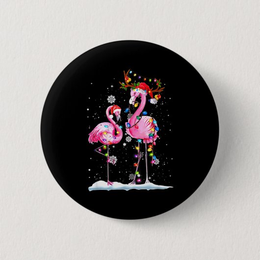 Two Flamingo With Santa Hat And Lights Merry Chris 缶バッジ (正面)