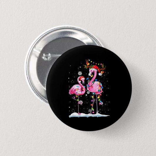 Two Flamingo With Santa Hat And Lights Merry Chris 缶バッジ (正面&裏面)