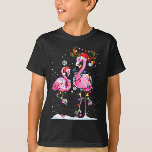 Two Flamingo With Santa Hat And Lights Merry Chris Tシャツ (正面)