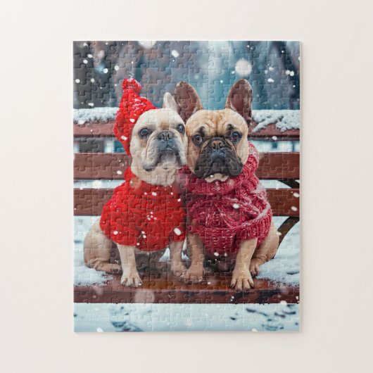 Two Frenchies In Winter Knitwear ジグソーパズル (縦)