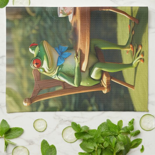 Two frogs having tea キッチンタオル (折り畳み)