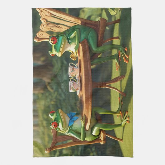 Two frogs having tea キッチンタオル (縦)