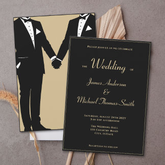 Two Grooms Elegant Black Gold Tuxedo Wedding 招待状
