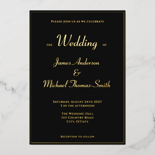 Two Grooms Elegant Black Gold Tuxedo Wedding Gold 箔招待状 (正面)