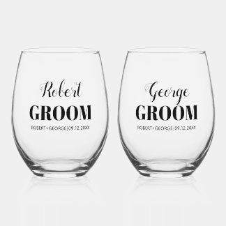 Two grooms names black typography gay wedding ステムなしワイングラス