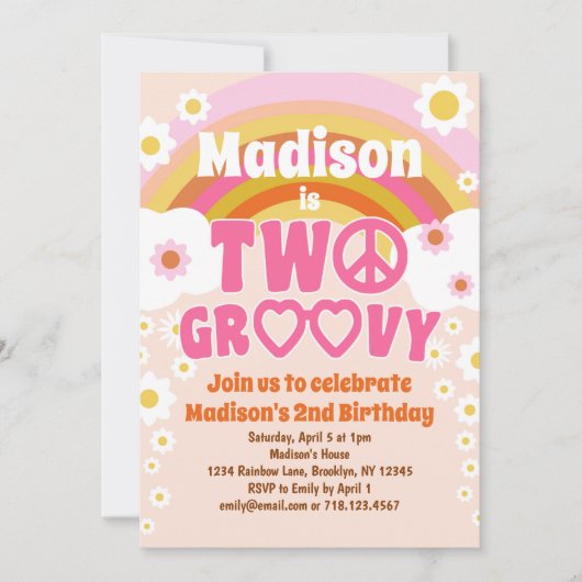 TWO Groovyデイジーフラワー2nd誕生日招待状 招待状 (正面)