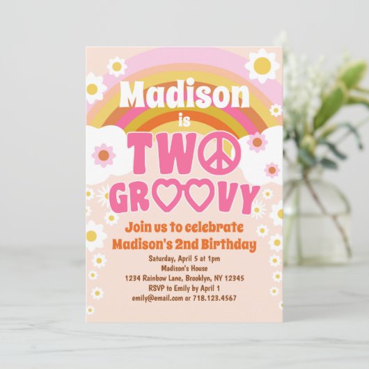TWO Groovyデイジーフラワー2nd誕生日招待状 招待状 (スタンド正面)