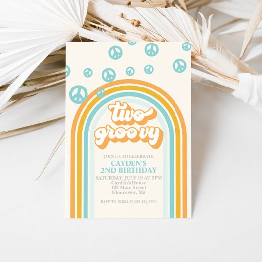 TWO Groovyレトロ少年2nd誕生日招待状 招待状