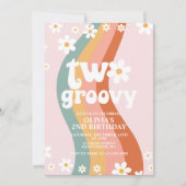 TWO Groovy デイジー 虹色 2歳の誕生日 招待状 (正面)