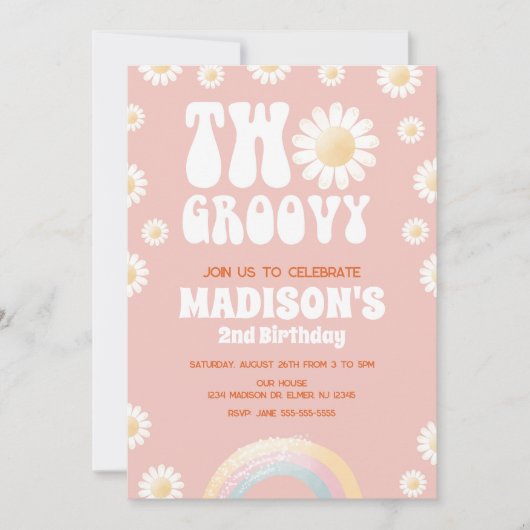 Two Groovy Daisy Rainbow 70s Retro 2nd Birthday 招待状 (正面)