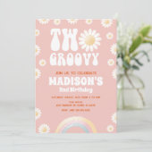Two Groovy Daisy Rainbow 70s Retro 2nd Birthday 招待状 (スタンド正面)