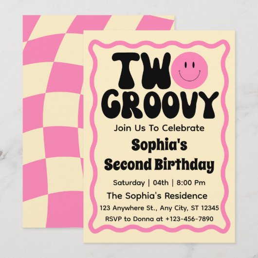 Two Groovy Girl 2歳の誕生日 招待状 (正面/裏面)