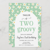 TWO groovy Mint Green Daisy 2nd Birthday 招待状 (正面/裏面)