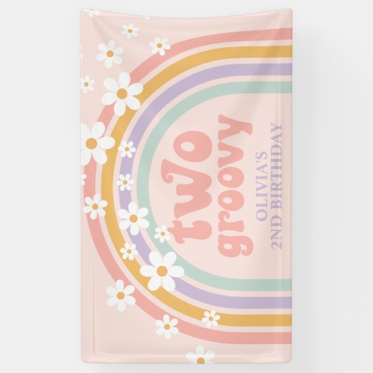 TWO Groovy Pastel rainbow 2ND誕生日 横断幕 (縦)