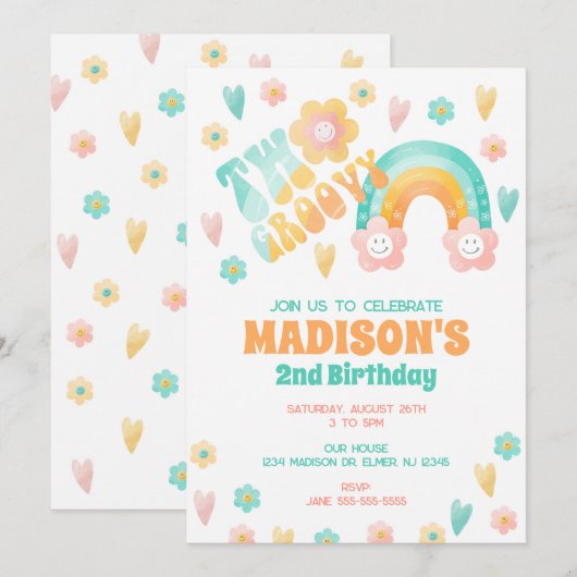 Two Groovy Rainbow Flower 70s Retro 2nd Birthday 招待状 (正面/裏面)