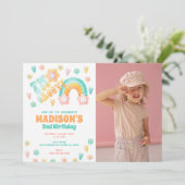 Two Groovy Rainbow Flower 70s Retro 2nd Birthday 招待状 (スタンド正面)