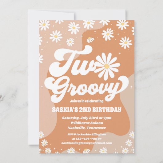 Two Groovy Retro Daisy 2nd Birthday Invitation 招待状 (正面)