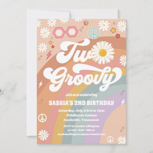 Two Groovy Retro Daisy 2nd Birthday Invitation 招待状 (正面)