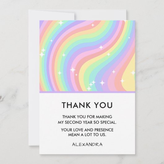 Two Groovy Retro Pastel Rainbow 2nd Birthday サンキューカード (正面)