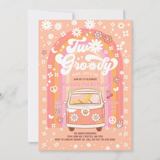 TWO Groovy VanデイジーHippie 70s第2誕生日 招待状 (正面)