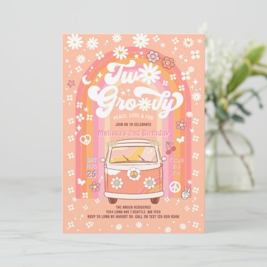 TWO Groovy VanデイジーHippie 70s第2誕生日 招待状 (スタンド正面)