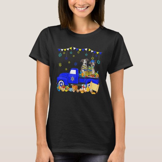 Two Hanukkah Whippets On Pickup Truck With Menorah Tシャツ (正面)