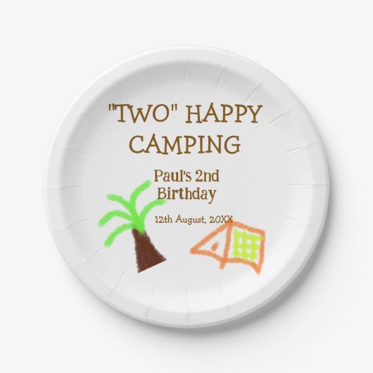 Two happy camping 2nd birthday tree camp kids ペーパープレート (正面)