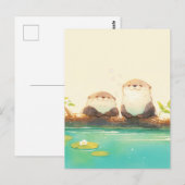 Two Happy Otters on Summer Log ポストカード (正面/裏面)