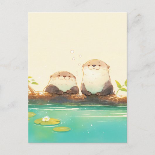 Two Happy Otters on Summer Log ポストカード (正面)