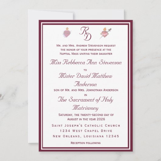 Two Hearts Burgundy Catholic Wedding Invitation 招待状 (正面)
