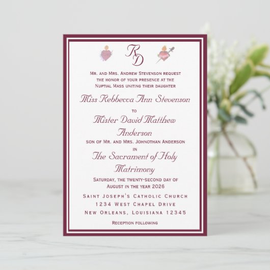 Two Hearts Burgundy Catholic Wedding Invitation 招待状 (スタンド正面)