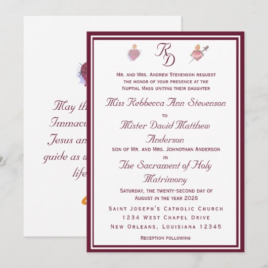 Two Hearts Burgundy Catholic Wedding Invitation 招待状 (正面/裏面)