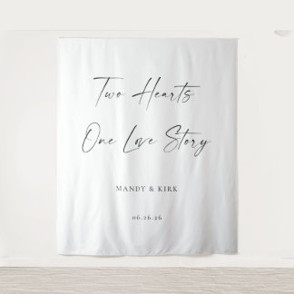 Two Hearts, One Love Story ウェディングバックドロップバナー タペストリー