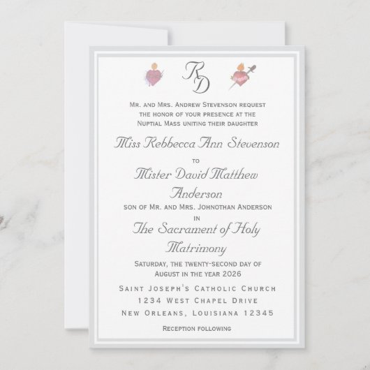 Two Hearts Silver Catholic Wedding Invitation 招待状 (正面)