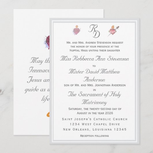 Two Hearts Silver Catholic Wedding Invitation 招待状 (正面/裏面)