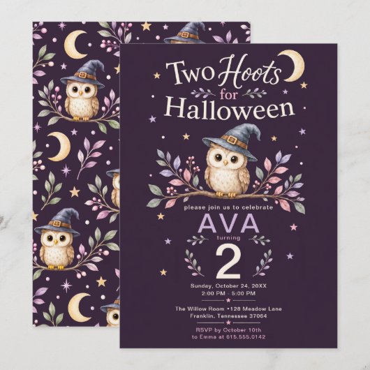 Two Hoots ハロウィン フクロウ 2歳の誕生日 女の子 招待状 (正面/裏面)