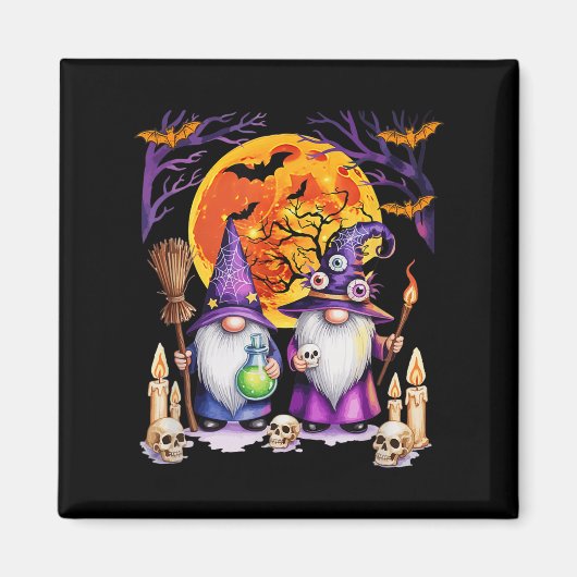 Two Horror Gnomes As Witch Halloween Moon Matching マグネット (正面)
