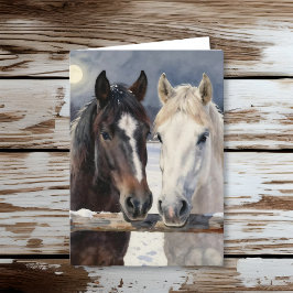 Two Horses on a Snowy Farm | Happy Birthday カード