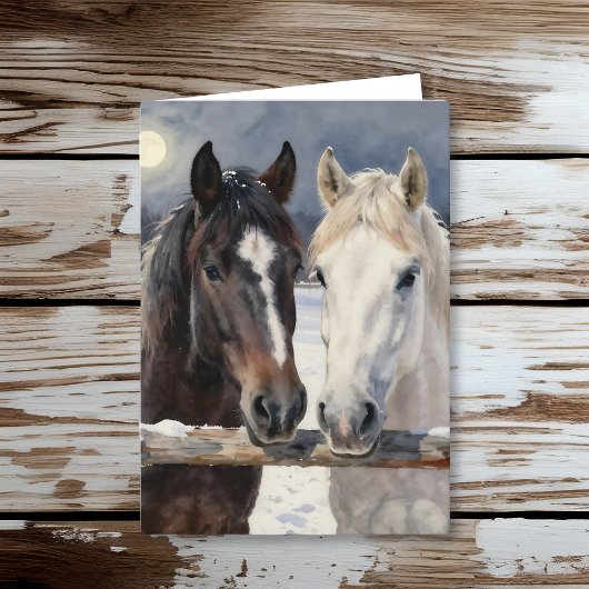 Two Horses on a Snowy Farm | Happy Birthday カード