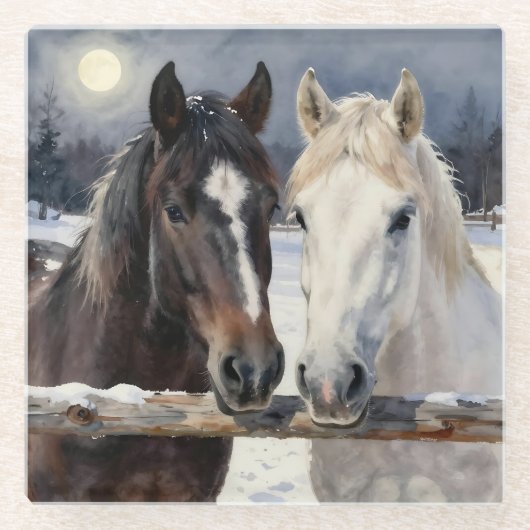 Two Horses on a Snowy Farm Under the Moon ガラスコースター (正面)