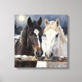 Two Horses on a Snowy Farm Under the Moon キャンバスプリント (正面)