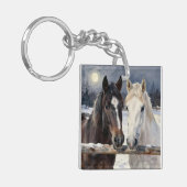 Two Horses on a Snowy Farm Under the Moon キーホルダー (正面左)