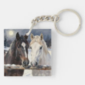 Two Horses on a Snowy Farm Under the Moon キーホルダー (裏面)