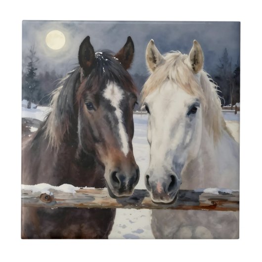 Two Horses on a Snowy Farm Under the Moon タイル (正面)