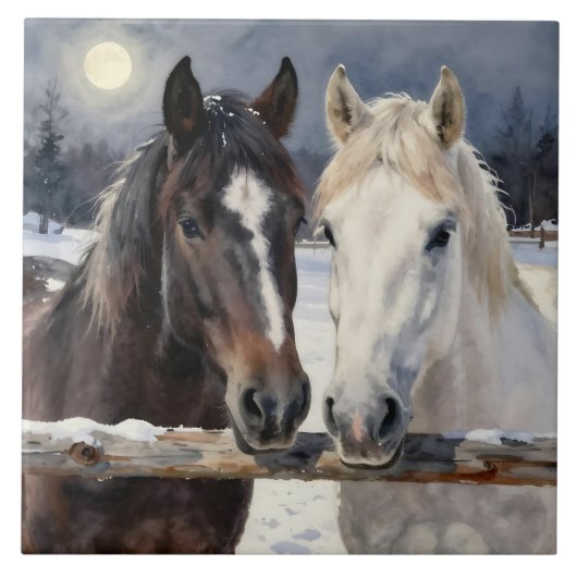 Two Horses on a Snowy Farm Under the Moon タイル (正面)