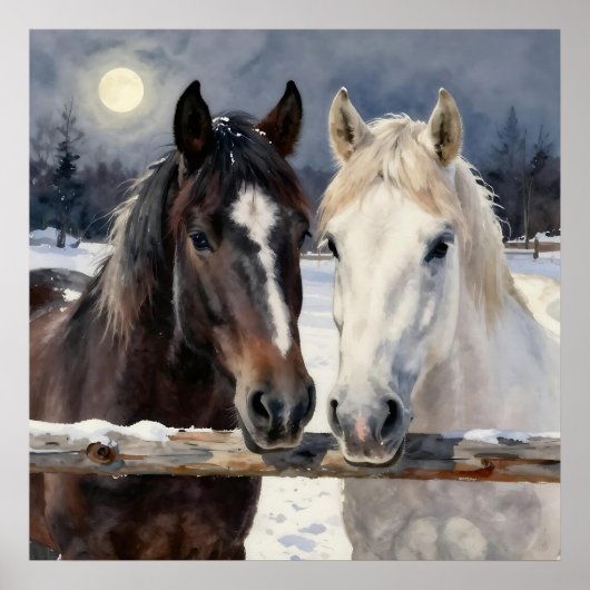 Two Horses on a Snowy Farm Under the Moon ポスター (正面)