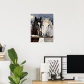 Two Horses on a Snowy Farm Under the Moon ポスター (ホームオフィス)