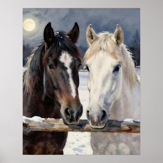 Two Horses on a Snowy Farm Under the Moon ポスター (正面)