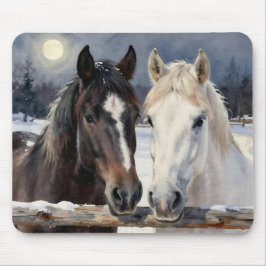 Two Horses on a Snowy Farm Under the Moon マウスパッド