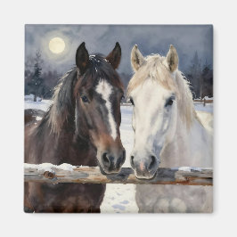 Two Horses on a Snowy Farm Under the Moon マグネット